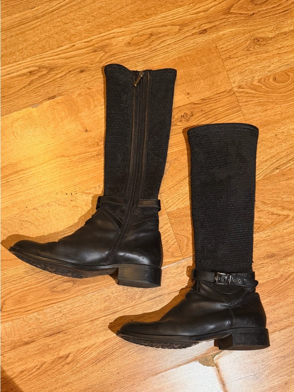 Aquatalia Urope Elastic Loop Woven Riding Knee High Boots Black Leather Size 39
